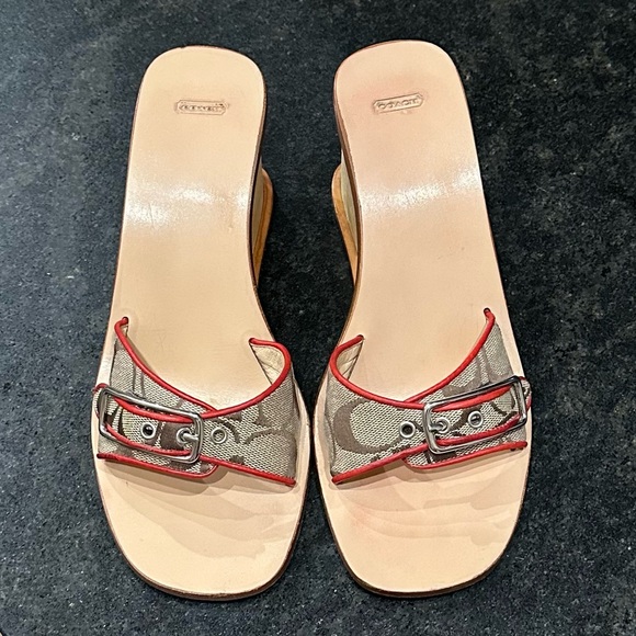 *rare* COACH Honey Wood Platform Wedge Logo Signature Tan/Red Size 7.5 - Picture 5 of 8